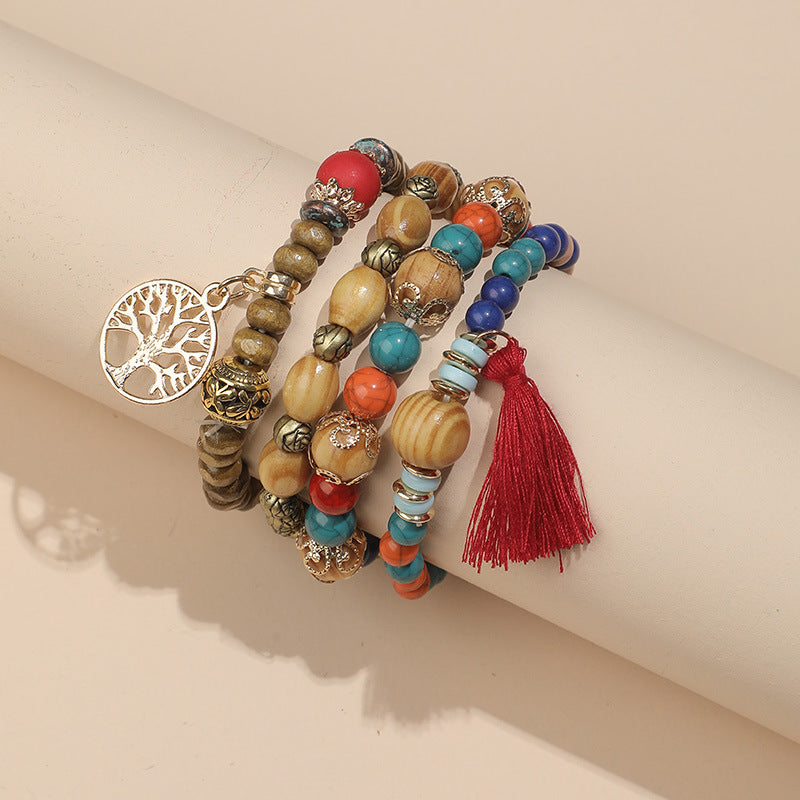 Cross-Border Alloy Bracelet Set for Women, Ins Niche Design Tree of Life Beaded Bracelet & Rose Tassel Bangle Jewelry Set