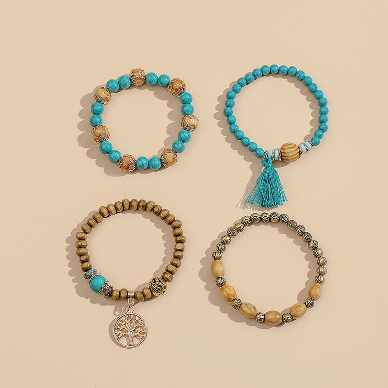 Cross-Border Alloy Bracelet Set for Women, Ins Niche Design Tree of Life Beaded Bracelet & Rose Tassel Bangle Jewelry Set