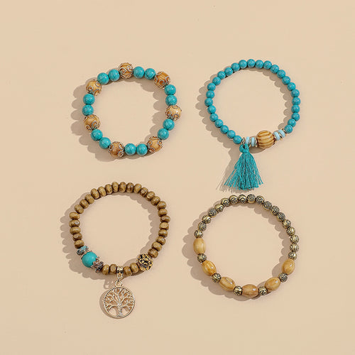 Cross-Border Alloy Bracelet Set for Women, Ins Niche Design Tree of Life Beaded Bracelet & Rose Tassel Bangle Jewelry Set