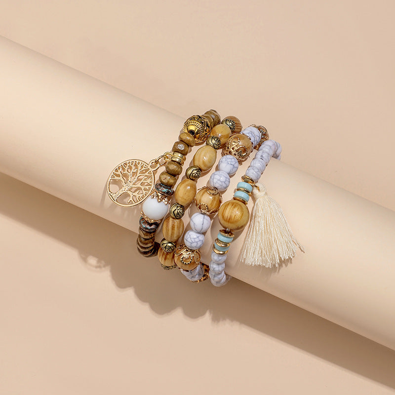 Cross-Border Alloy Bracelet Set for Women, Ins Niche Design Tree of Life Beaded Bracelet & Rose Tassel Bangle Jewelry Set